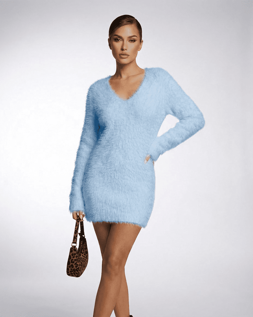 Celeste Sweater by Lauven in light blue, showcasing a V-neck fuzzy plush knit design for a cozy fall look.