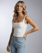 Celeste Top by Lauven, a draped square neck sleeveless top in white, perfect for stylish everyday outfits.