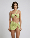 Celestia Bikini Set by Lauven, green one-shoulder bikini with twisted knot detail and stylish low waist bottom.