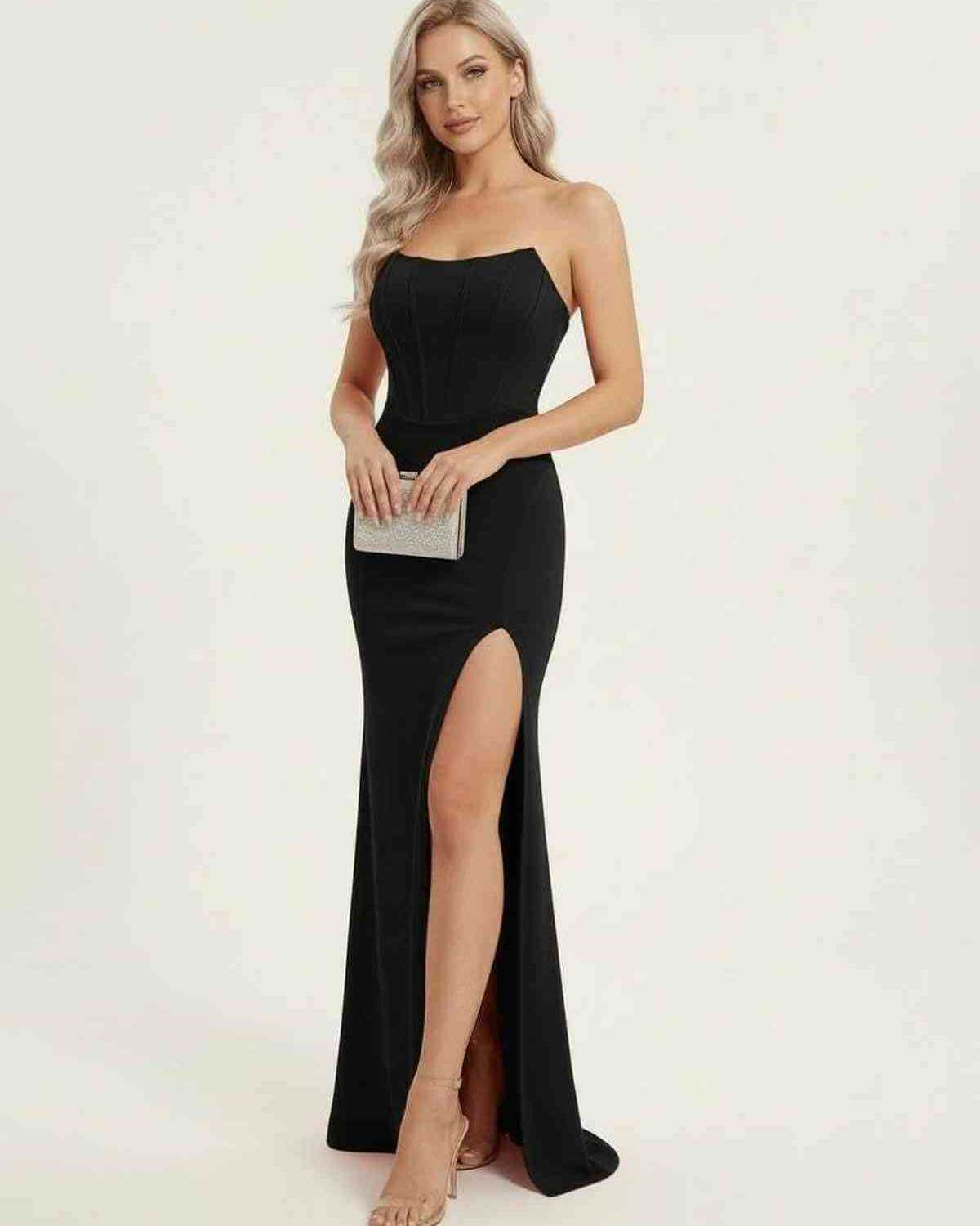 Celestia Maxi Dress by Lauven - Elegant black dress with corset bodice and high slit for formal occasions.
