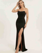 Celestia Maxi Dress by Lauven, elegant black dress with corset bodice and high slit for formal events.