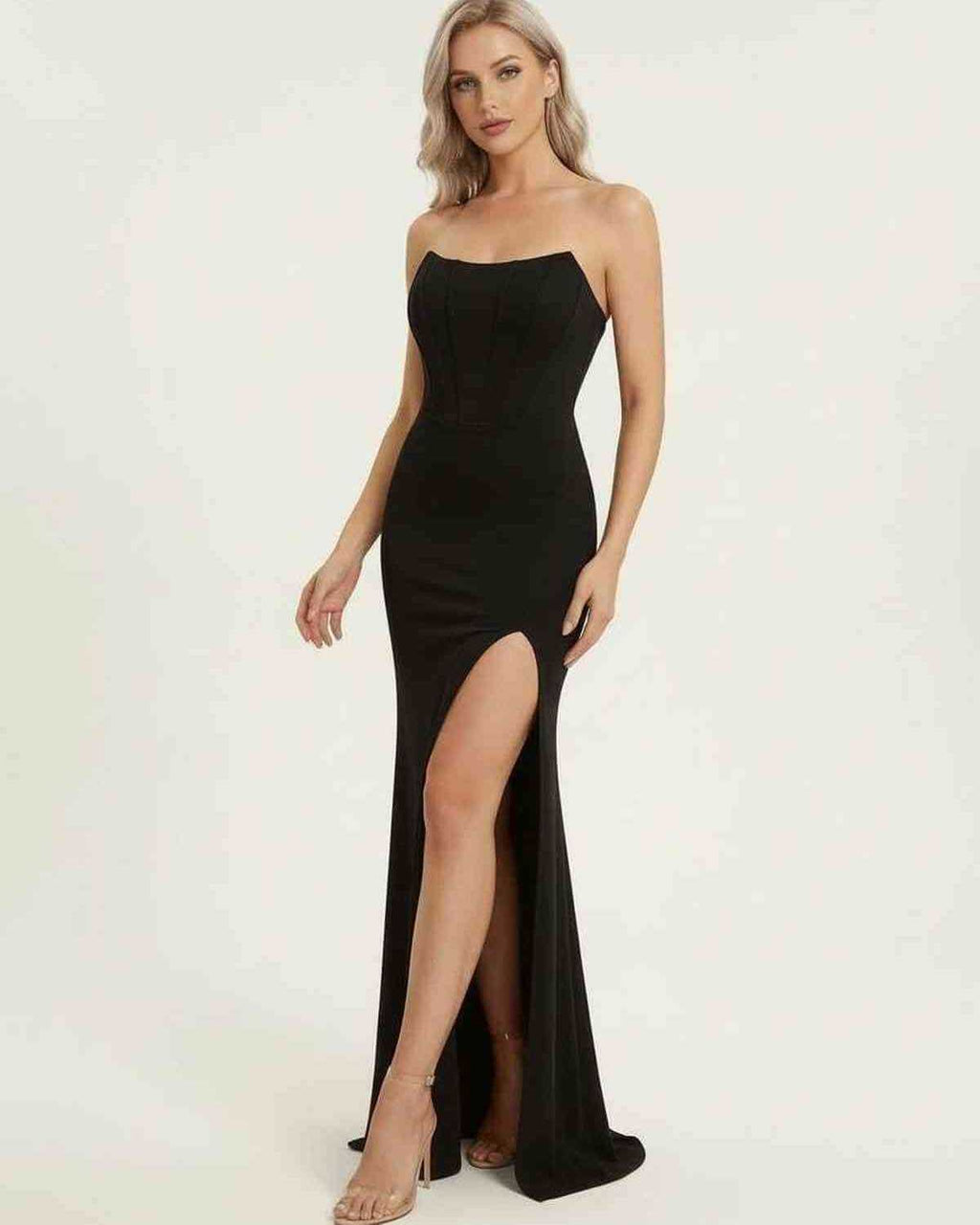 Celestia Maxi Dress by Lauven, sleek black dress with corset bodice and high slit for elegant evening wear.