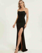 Celestia Maxi Dress by Lauven, sleek black dress with corset bodice and high slit for elegant evening wear.