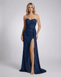 Celestia Maxi Dress in navy, strapless, embellished sequin surface, bodycon silhouette, Lauven brand, navy sequin maxi dress.