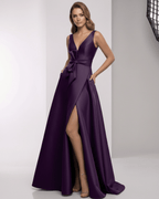 Celestia Maxi Dress in deep purple satin, A-line silhouette, bow waist, and wrap slit for elegant formal occasions by Lauven.