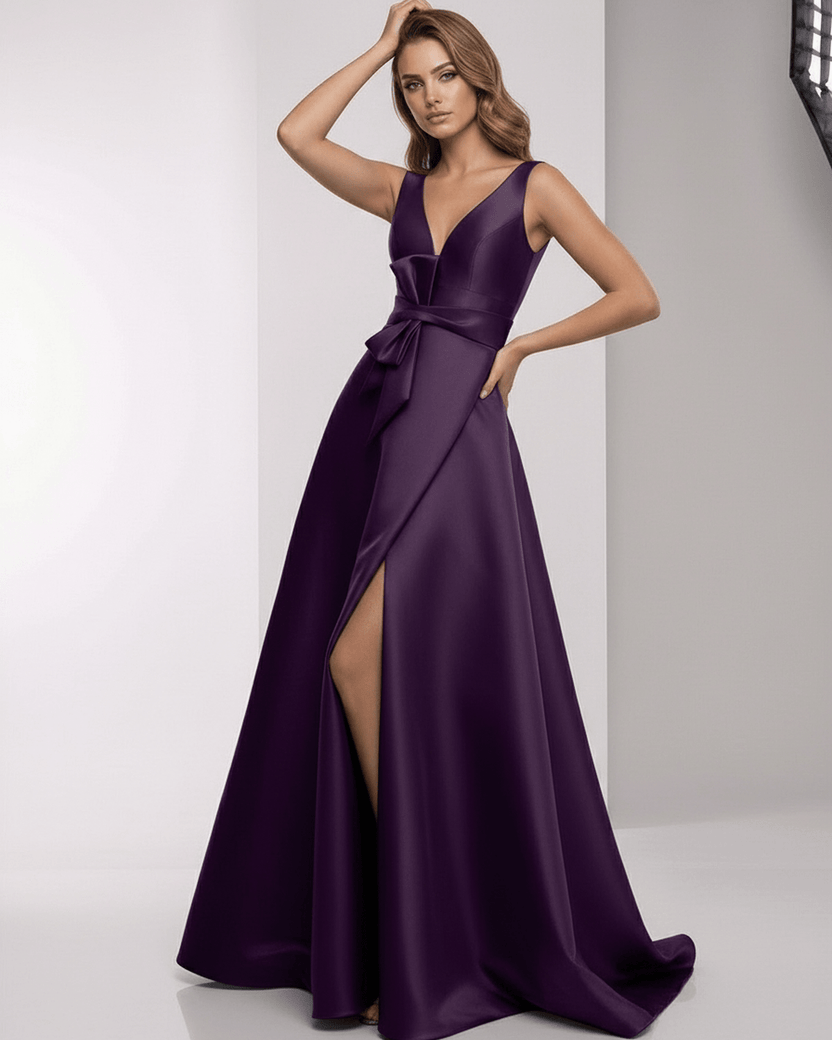 Celestia Maxi Dress - Purple Satin A-Line Dress with Wrap Slit, Bow Waist by Lauven, perfect for formal occasions.