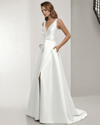 Celestia Maxi Dress – Satin A-Line white maxi dress with V-neck and bow detail for elegant occasions by Lauven.