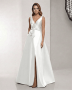 Celestia Maxi Dress - Satin A-Line White Maxi Dress with V-Neck and Bow Detail by Lauven, elegant and polished style.