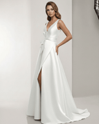 Celestia Maxi Dress – Elegant satin A-line white dress with V-neck, bow detail, and a polished look by Lauven.
