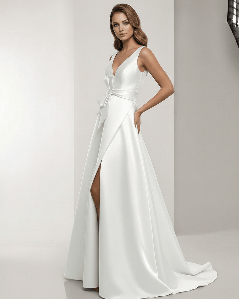 Celestia Maxi Dress – Elegant satin A-line white dress with V-neck, bow detail, and a polished look by Lauven.