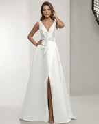 Celestia Maxi Dress - Elegant satin white A-line dress with V-neck and bow detail by Lauven.