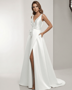 Celestia Maxi Dress - Satin A-Line white dress with V-neck, bow detail, and pockets for elegant occasions by Lauven.
