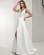 Celestia Maxi Dress: Satin A-Line white dress with V-neck, bow detail, refined elegance by Lauven.