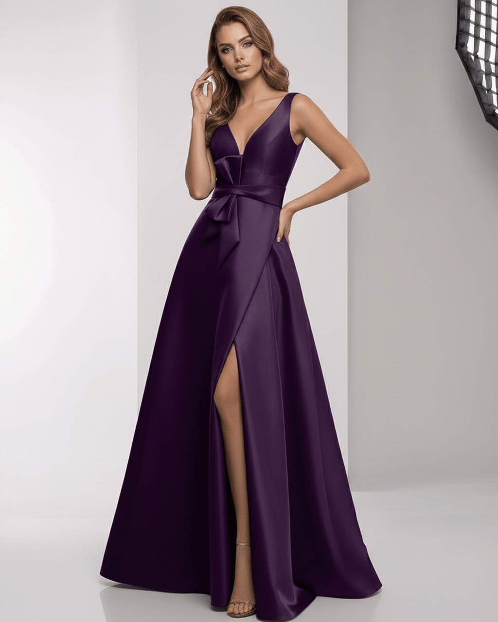 Celestia Maxi Dress - Purple Satin A-Line Maxi Dress with Wrap Slit and Bow Waist by Lauven, elegant and refined design.