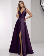Celestia Maxi Dress - Purple Satin A-Line Maxi Dress with Wrap Slit and Bow Waist by Lauven, elegant and refined design.