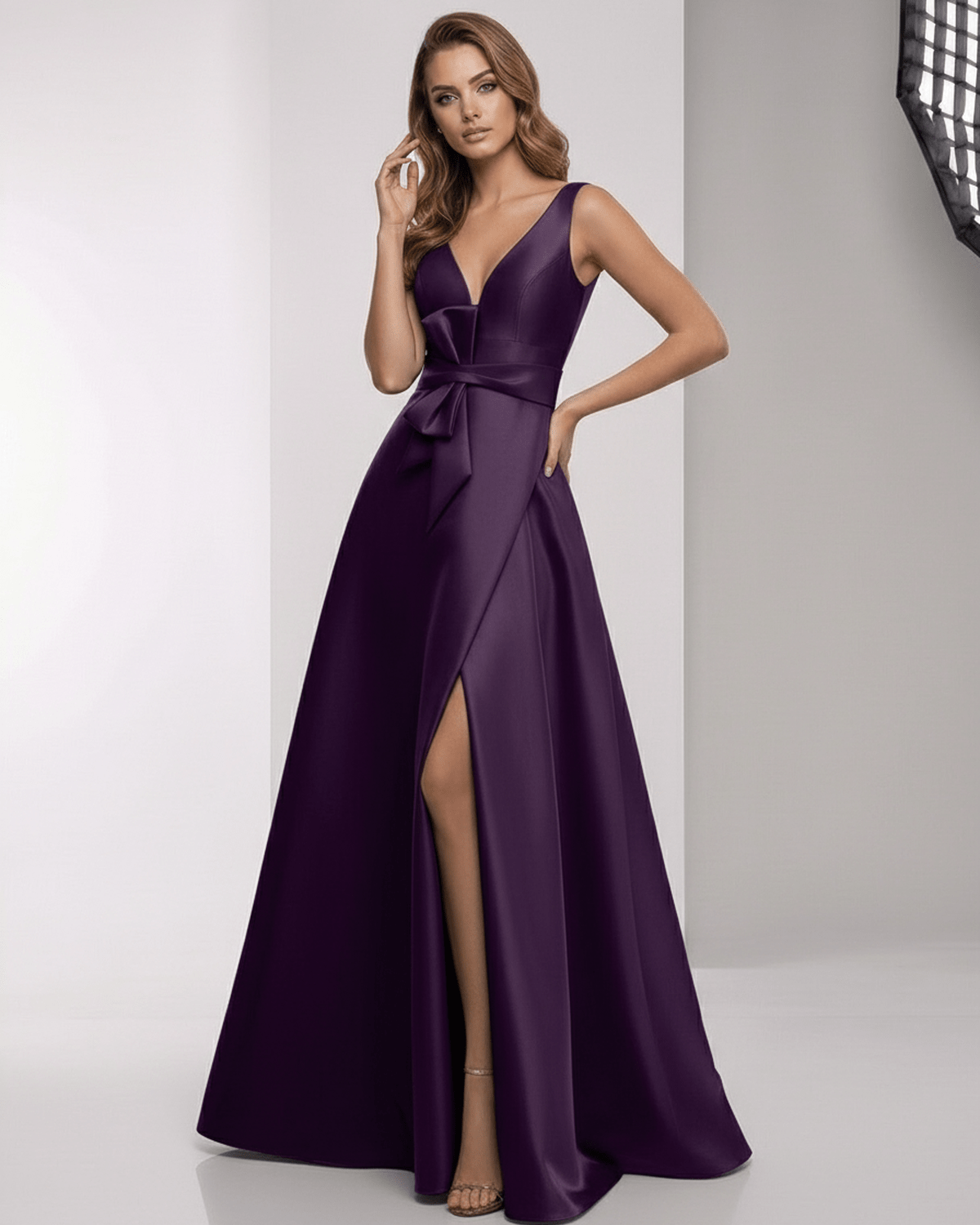 Celestia Maxi Dress - Purple Satin A-Line Maxi Dress with Wrap Slit and Bow Waist by Lauven, elegant and refined design.