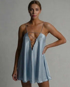 Lauven Celestial Mini Dress featuring a satin A-line silhouette and sparkling beaded spaghetti straps in icy blue.