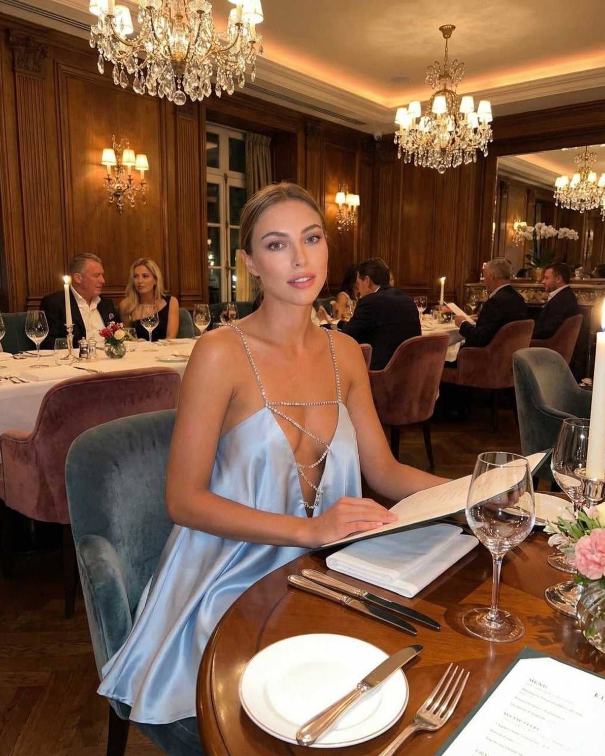 Lauven Celestial Mini Dress in icy blue, featuring beaded straps, at an elegant dining setting.
