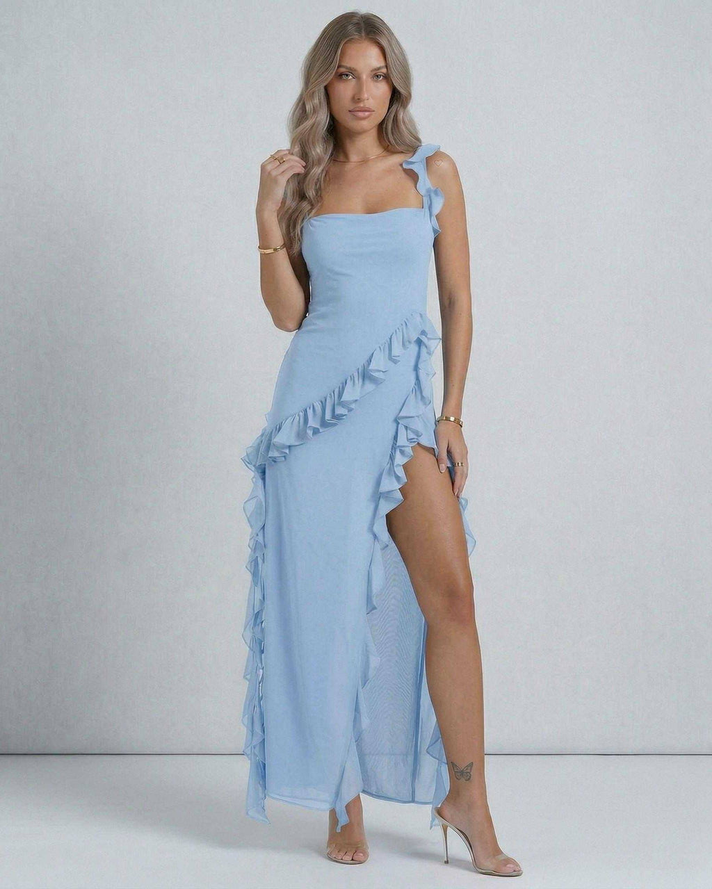 Celestine Maxi Dress by Lauven in light blue chiffon with ruffles and thigh-high slit, perfect for elegant occasions.