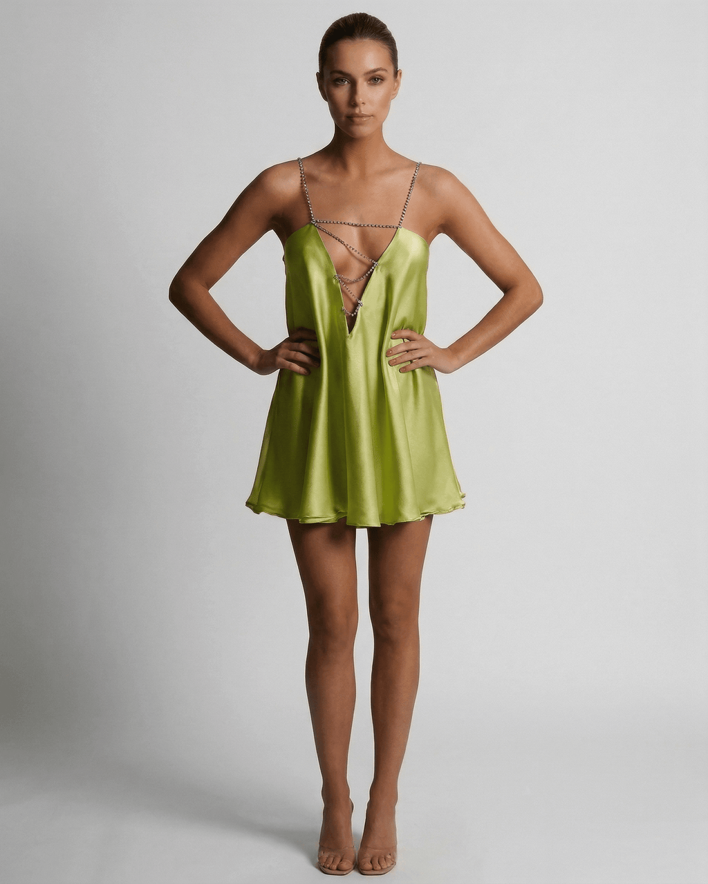Lauven Chartreuse Mini Dress featuring a sleek A-Line silhouette and V-neckline in vibrant green fabric.