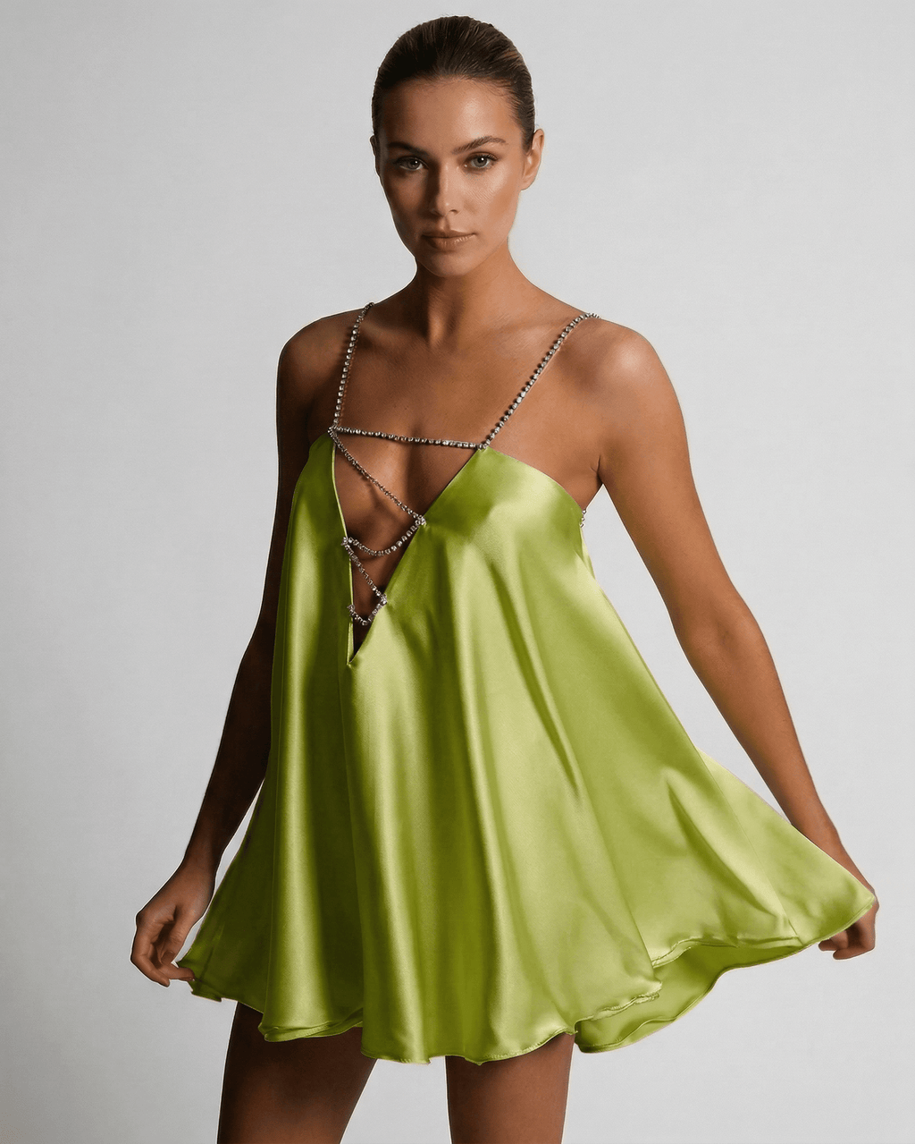 Chartreuse Mini Dress by Lauven featuring a sleek A-line silhouette and V-neckline, perfect for making a bold fashion statement.