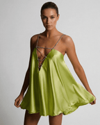 Chartreuse Mini Dress by Lauven featuring a sleek A-line silhouette and V-neckline, perfect for making a bold fashion statement.