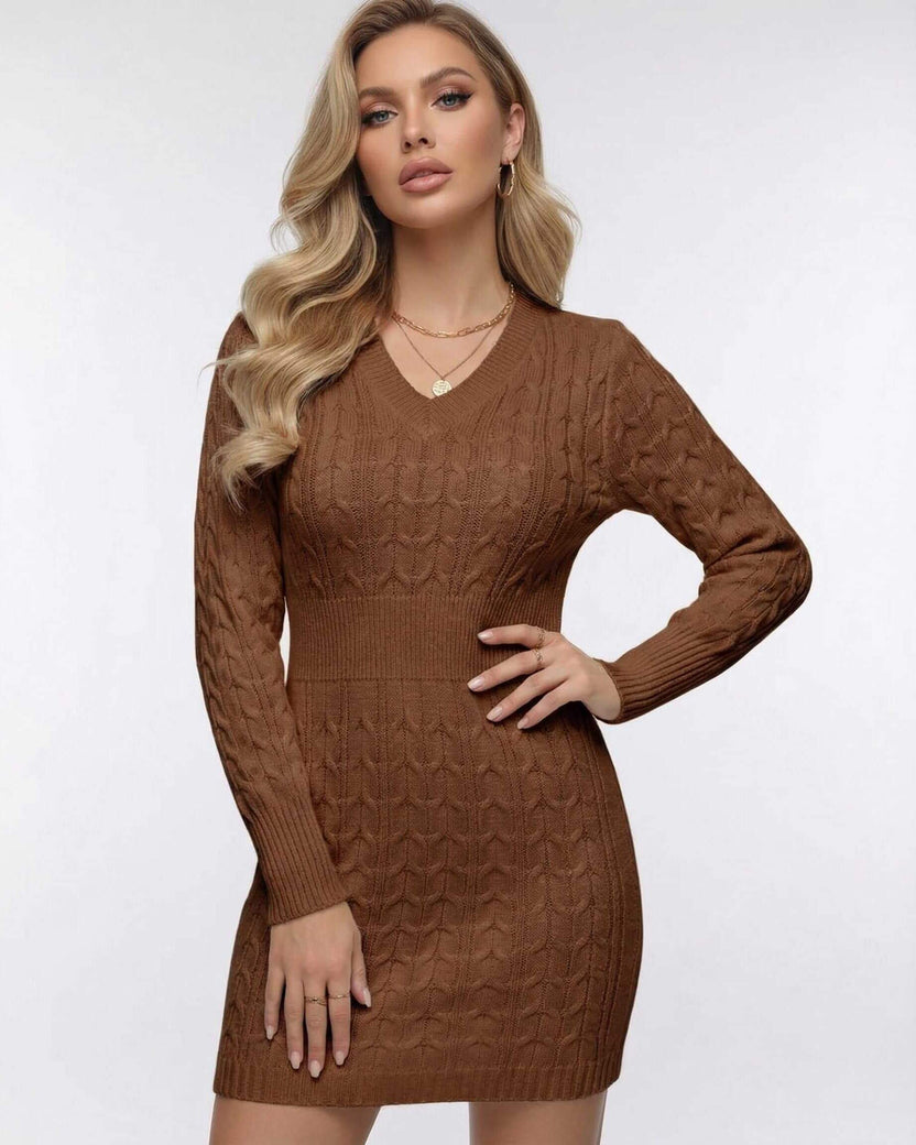 Lauven Chestnut Mini Dress - Classic cable knit V-neck long sleeve mini dress in rich chestnut brown.
