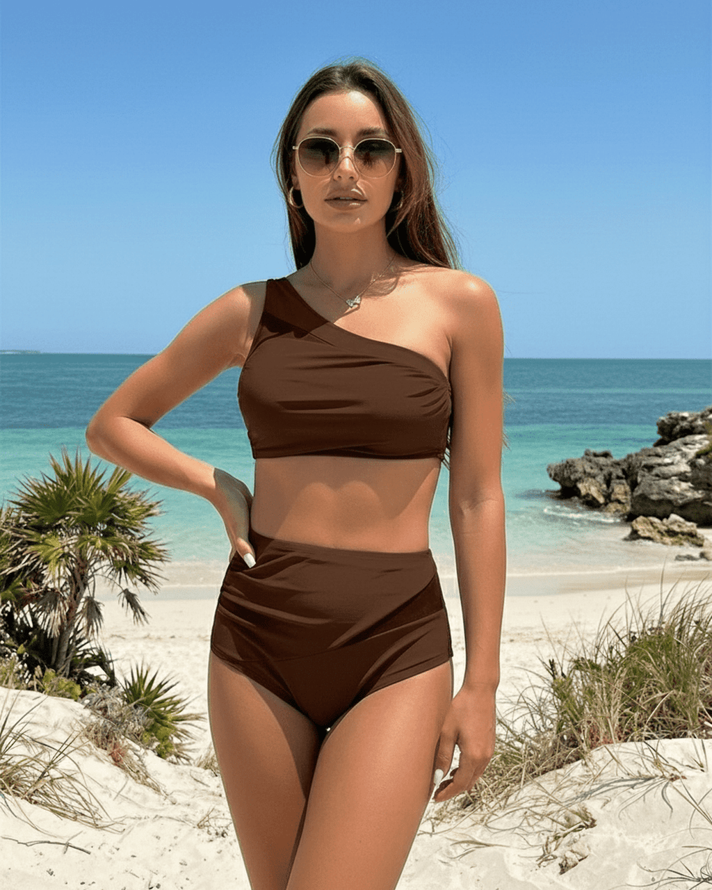 Lauven Chestnut Two-Piece Swimsuit featuring a brown asymmetric design for stylish beachwear.