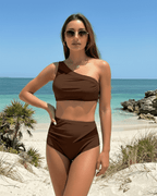 Lauven Chestnut Two-Piece Swimsuit featuring a brown asymmetric design for stylish beachwear.
