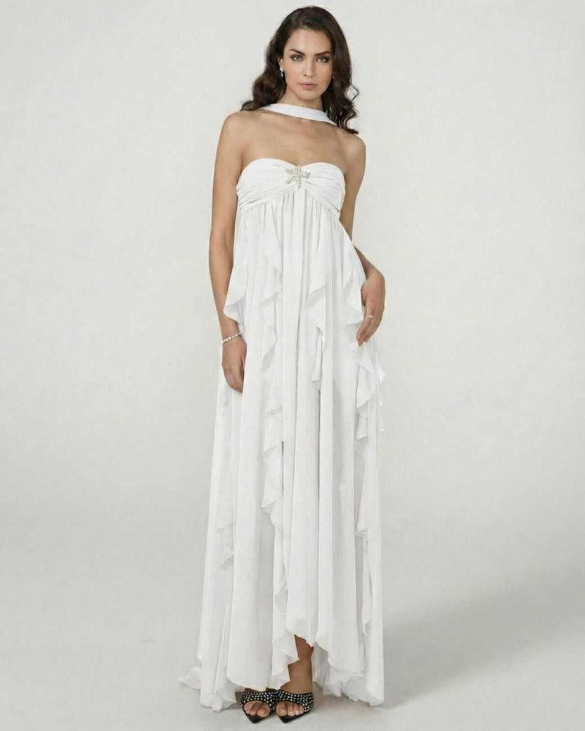 Clariona Maxi Dress by Lauven, white strapless ankle-length gown with ruffle detail and flowing silhouette.