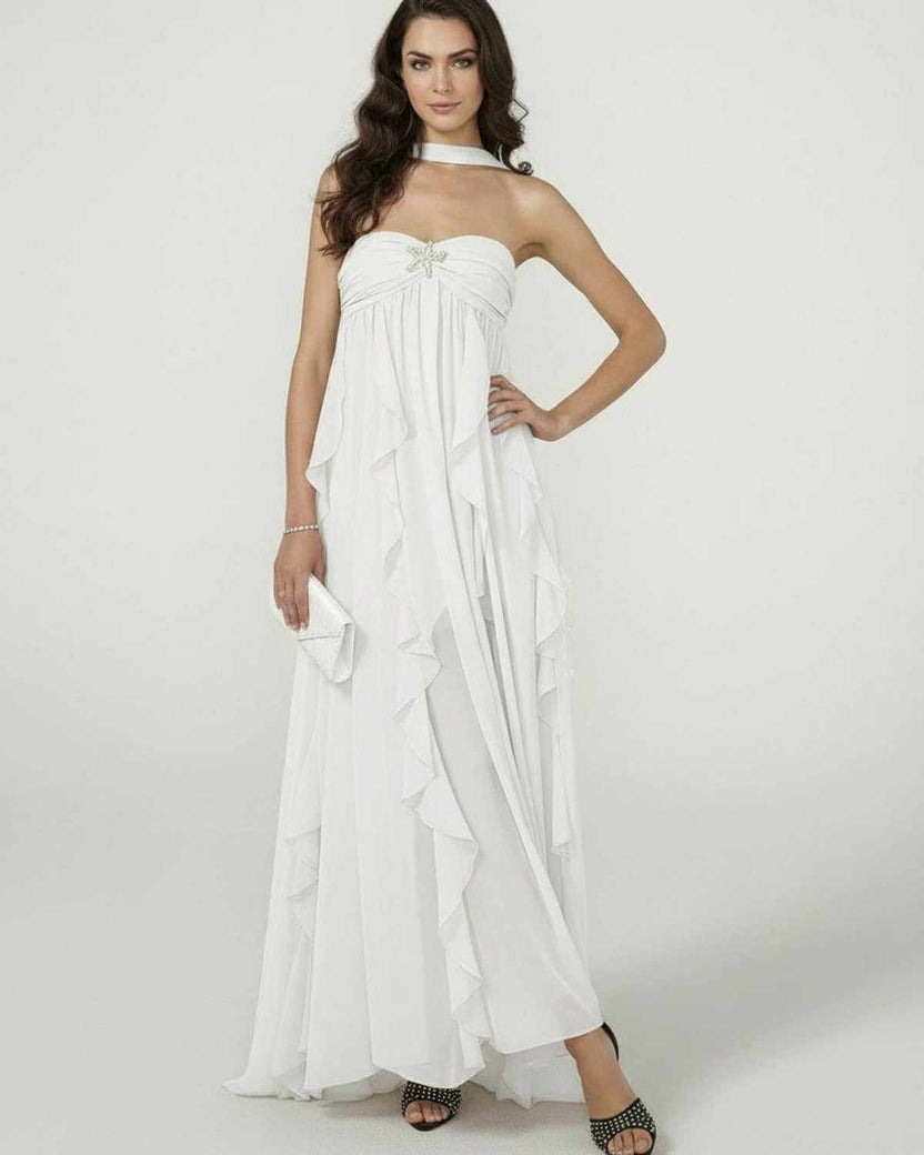 Clariona Maxi Dress by Lauven - Elegant strapless ankle-length gown with ruffle detail, showcasing romantic flow and style.
