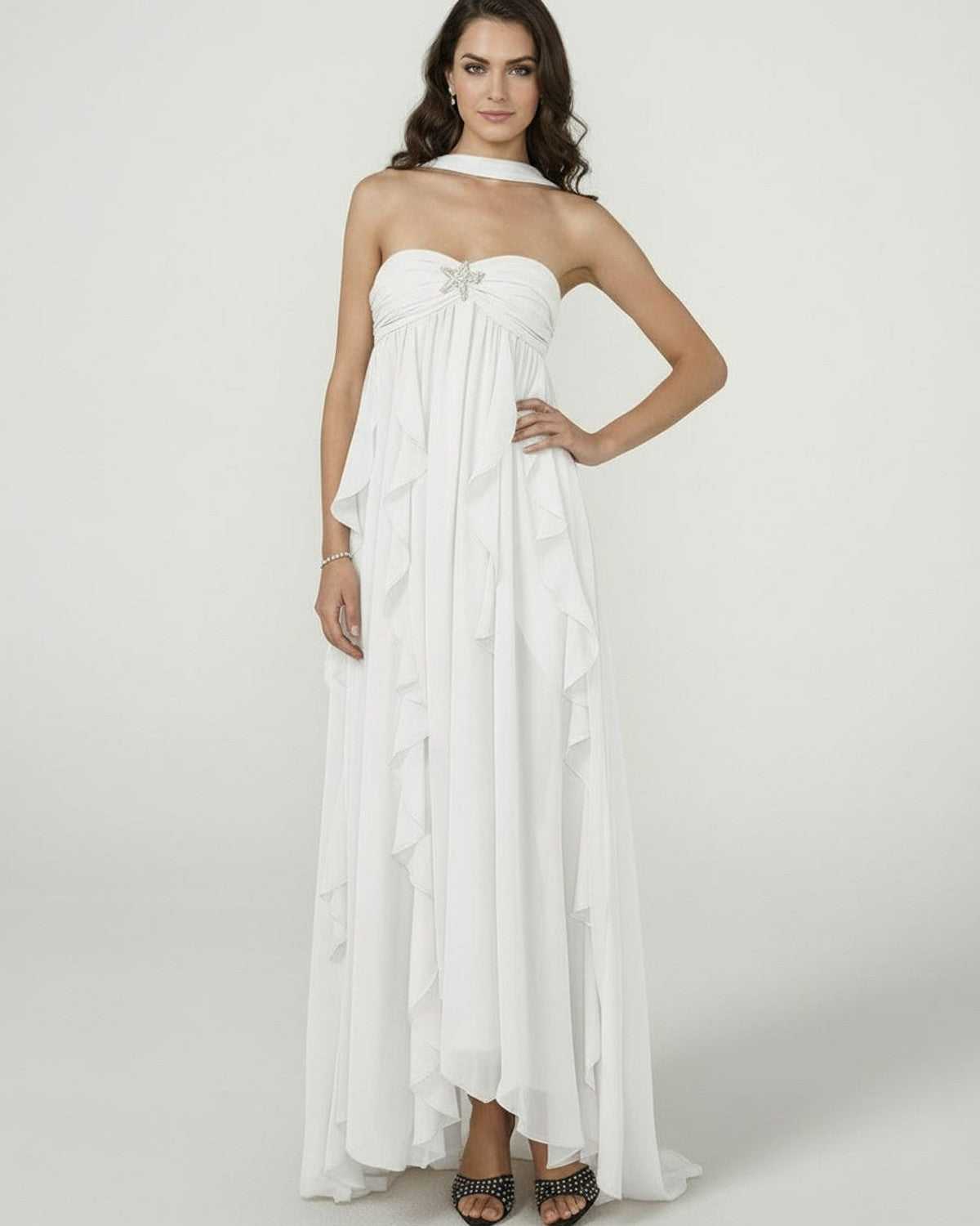 Clariona Maxi Dress by Lauven – Elegant strapless ankle-length gown with ruffled detail in white.