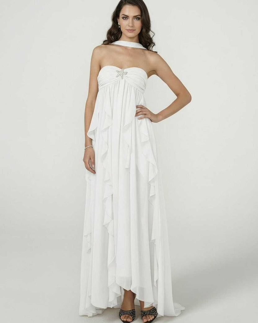Clariona Maxi Dress by Lauven – Elegant strapless ankle-length gown with ruffled detail in white.