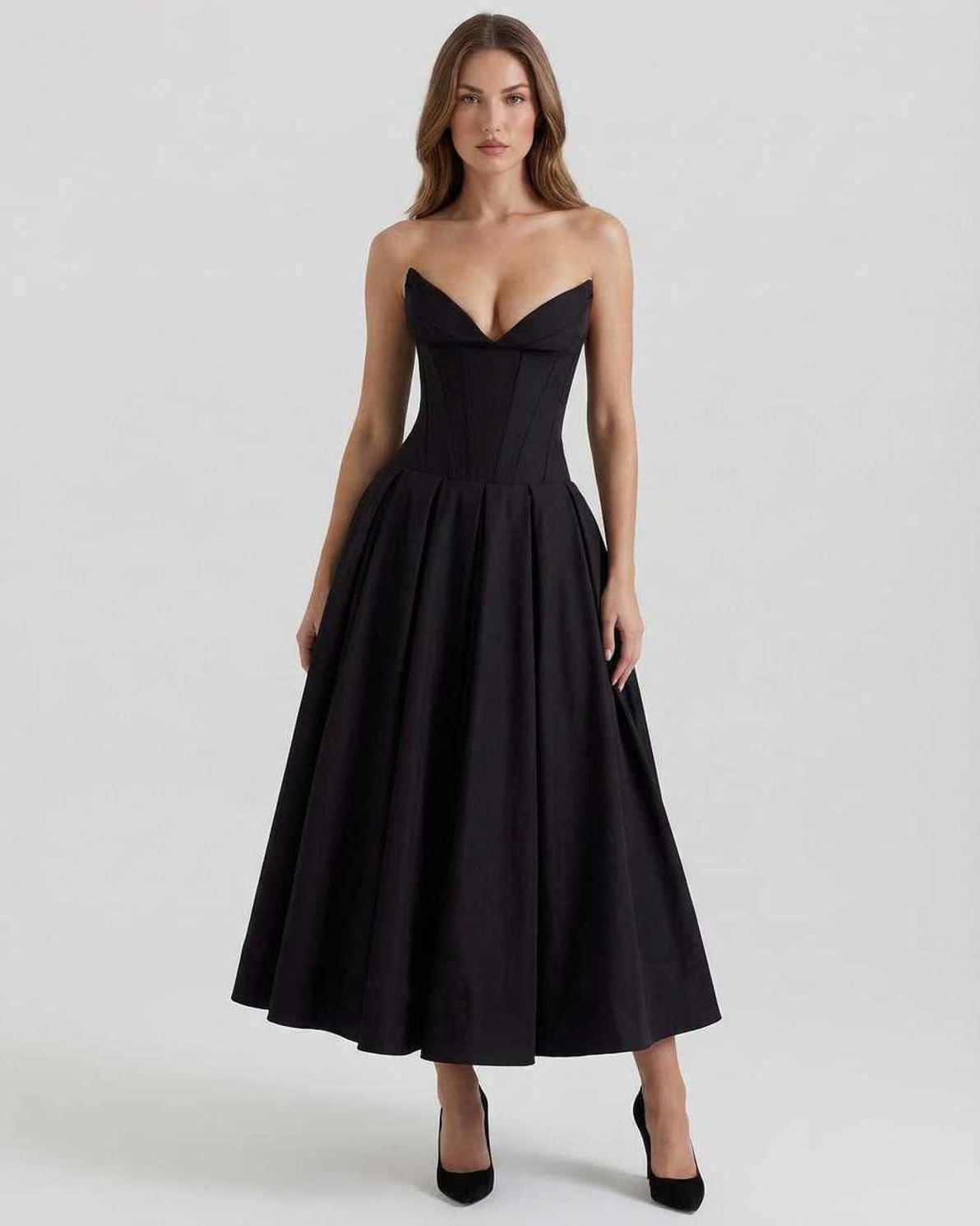 Cleo Midi Dress by Lauven, elegant strapless black A-line ankle-length dress for a sophisticated look.
