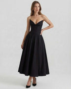 Cleo Midi Dress by Lauven - Elegant strapless black A-line ankle-length dress showcasing a fitted bodice and full skirt.