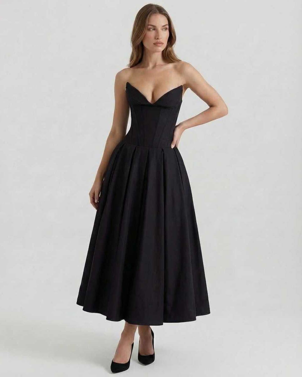 Cleo Midi Dress by Lauven - Elegant strapless black A-line ankle-length dress showcasing a fitted bodice and full skirt.