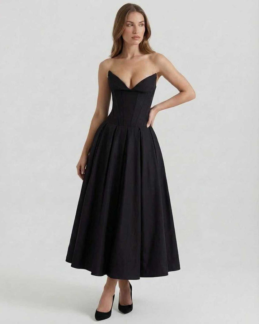 Cleo Midi Dress by Lauven - Elegant strapless black A-line ankle-length dress showcasing a fitted bodice and full skirt.