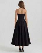 Cleo Midi Dress by Lauven – Back view of elegant strapless black A-line ankle-length dress.