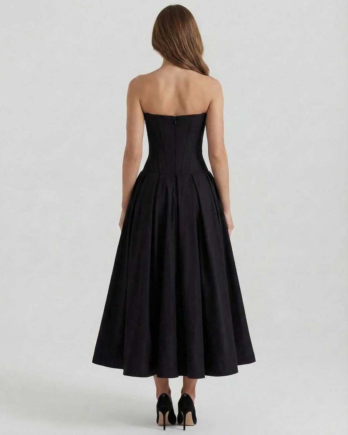 Cleo Midi Dress by Lauven – Back view of elegant strapless black A-line ankle-length dress.