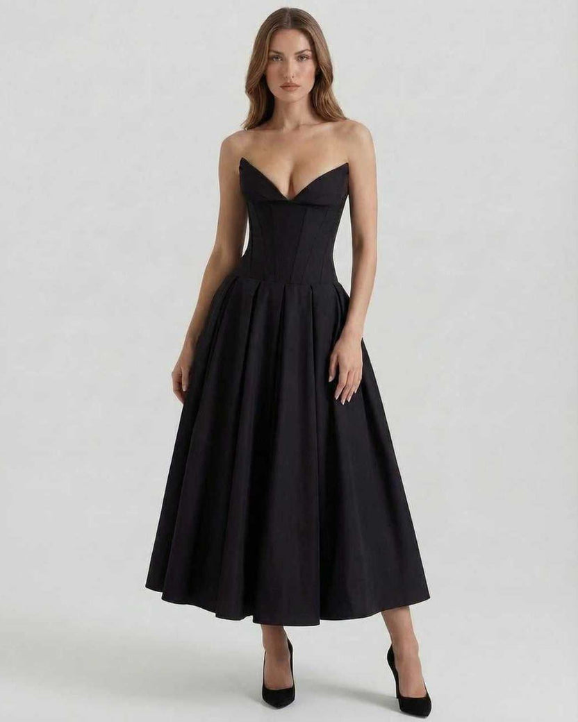 Cleo Midi Dress by Lauven - Elegant strapless black A-line ankle-length dress showcasing a fitted bodice and flowing skirt.