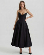 Cleo Midi Dress by Lauven, elegant strapless black A-line ankle-length dress featuring a fitted bodice and full skirt.