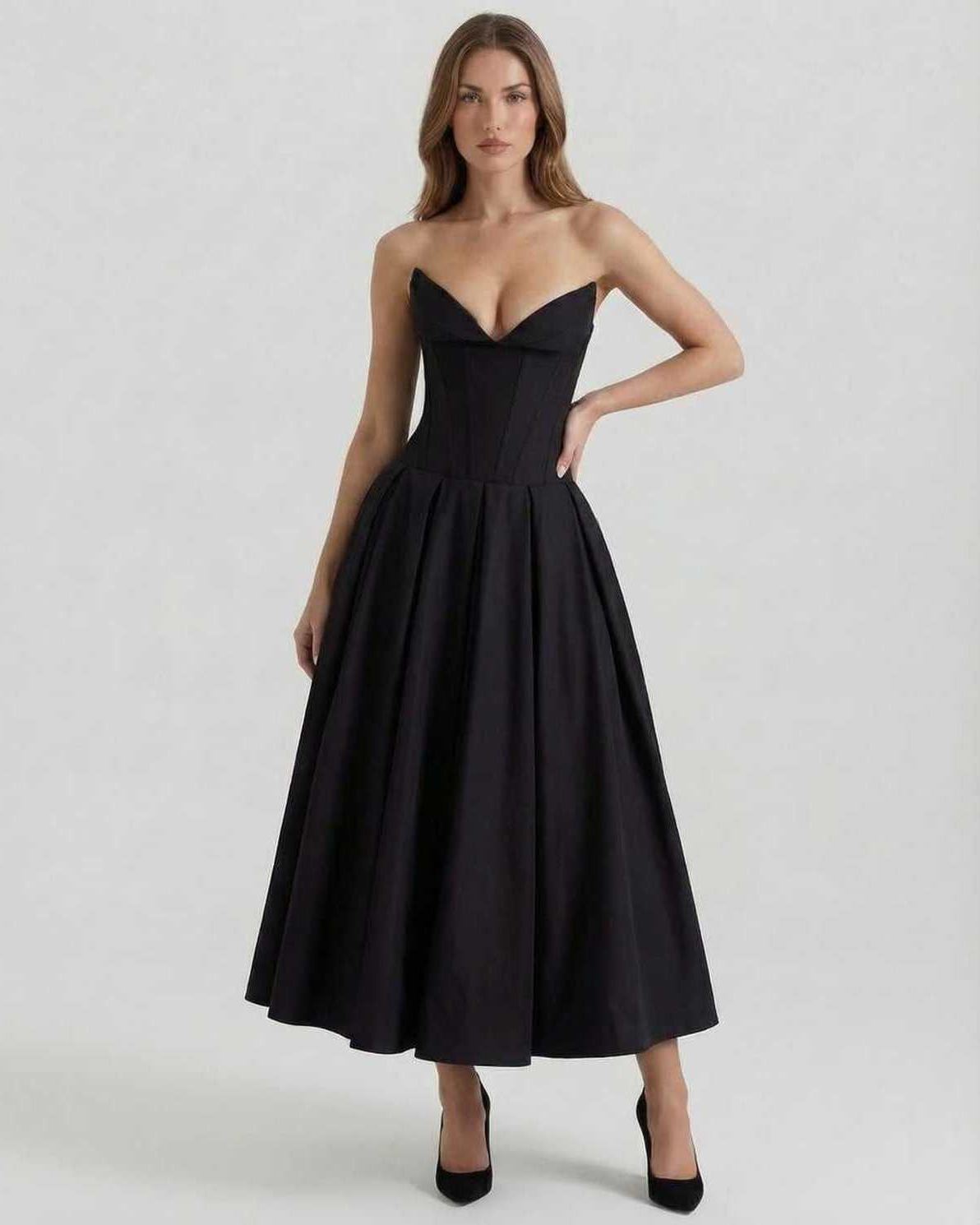 Cleo Midi Dress by Lauven, elegant strapless black A-line ankle-length dress featuring a fitted bodice and full skirt.
