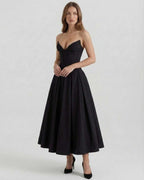Cleo Midi Dress by Lauven, elegant strapless black A-line ankle-length dress with fitted bodice and flowing skirt.