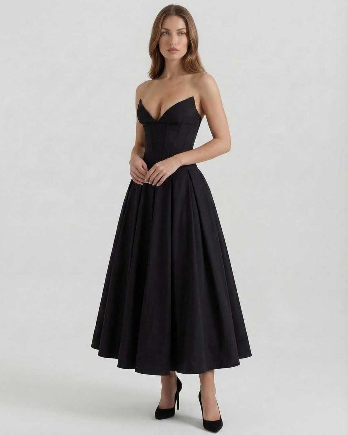 Cleo Midi Dress by Lauven, elegant strapless black A-line ankle-length dress with fitted bodice and flowing skirt.