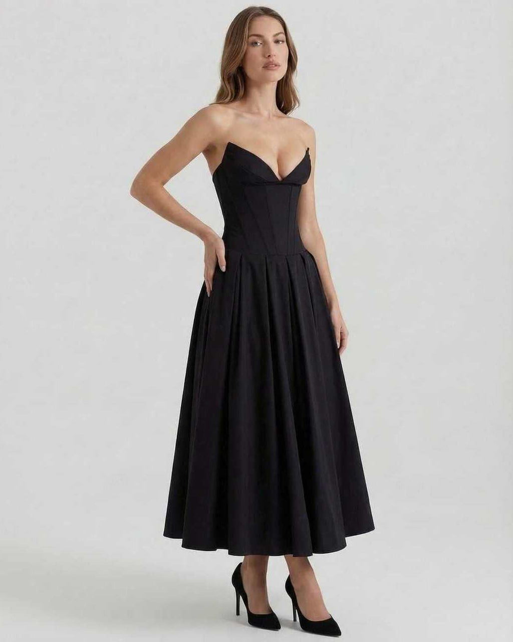 Cleo Midi Dress by Lauven - Elegant strapless black A-line ankle-length dress for modern women.