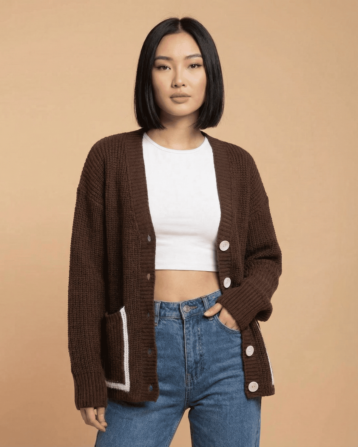 Cocoa Cardigan by Lauven featuring color block design and a relaxed fit, perfect for everyday style.