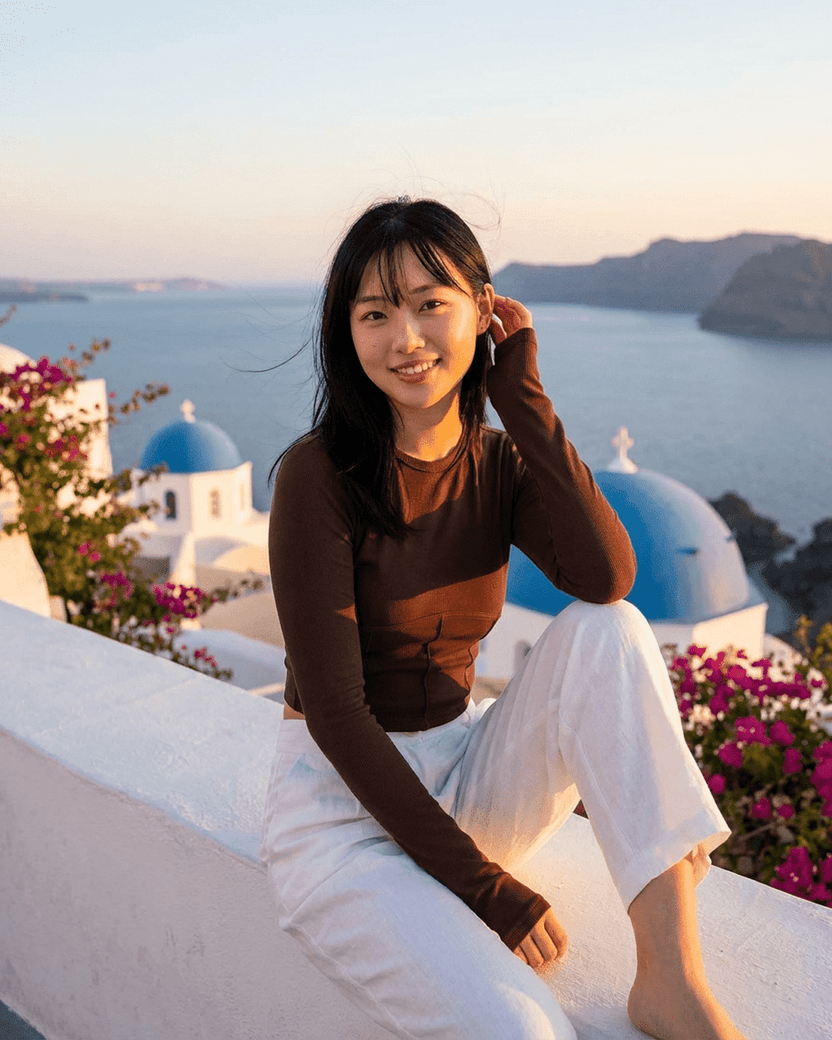 Cocoa Corset Top model in Santorini, showcasing Lauven's stylish long sleeve jersey corset crop.