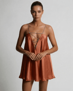 Copper Mini Dress by Lauven - Luxurious satin A-line with rhinestone detail, perfect for elegant occasions.