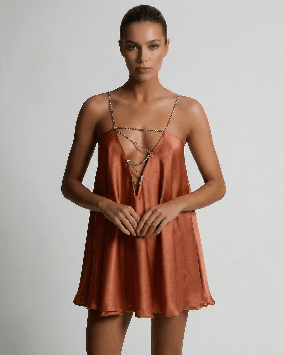 Copper Mini Dress by Lauven - Luxurious satin A-line with rhinestone detail, perfect for elegant occasions.