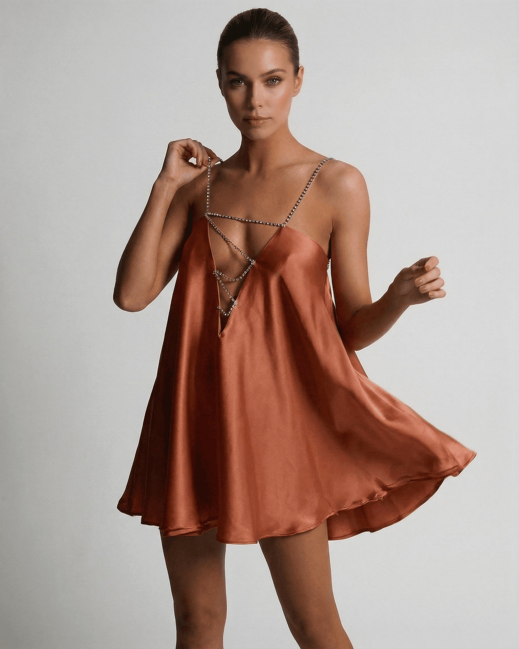 Copper Mini Dress by Lauven - Luxurious satin A-line with rhinestone detail, perfect for elegant occasions.